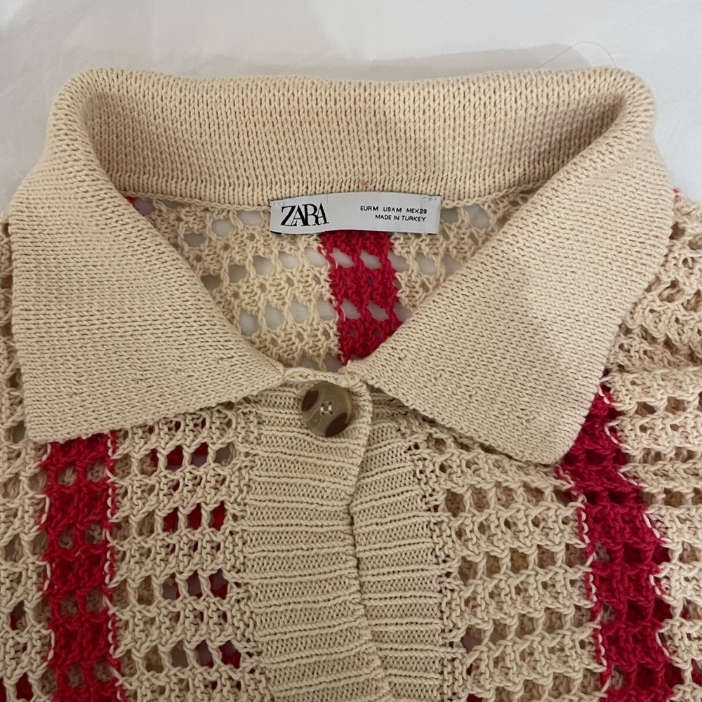 Zara Red and Cream Open Knit Collared Cardigan - Picture 2 of 3